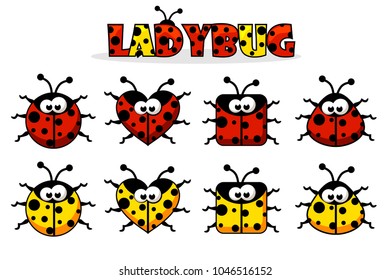 Set artoon red and yellow different shapes Ladybug. Vector animals and insects