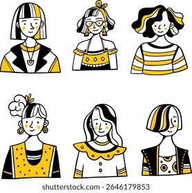 a set of artsy girls line illustration with different style of fashion and a touch of yellow colour.