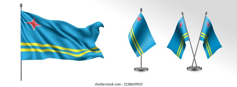 Set of Aruba waving flag on isolated background vector illustration. 3 starsand stripes Aruban wavy realistic flag as a patriotic symbol