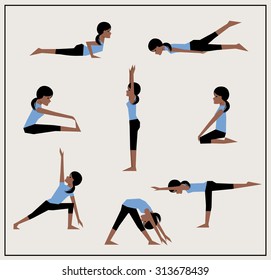 Set of asanas. African American girl does exercises. Vector illustration. 
