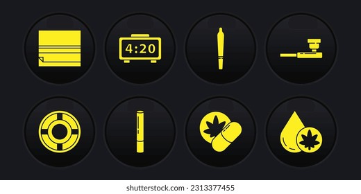 Set Ashtray, Smoking pipe, Marijuana joint, Herbal ecstasy tablets, Digital alarm clock, or cannabis olive oil and Rolling paper icon. Vector