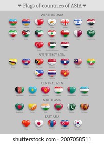 Set of Asia countries flags heart shaped buttons. Asian states national flags glossy badges. Symbols in patriotic colors with names of each country realistic vector illustration