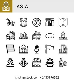 Set of asia icons such as Kendo, Origami, Panda bear, Om, Monument, Flag, Great wall of china, Skytrain, Pattaya, Cloud gate, Great buddha of thailand, Taj mahal, Mai thai , asia
