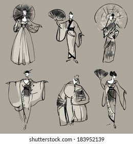 Set of Asia models. Hand draw vector illustration. Asia style sketch.