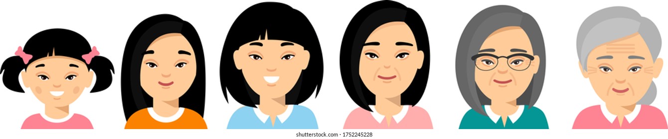 Set of asian age group avatars woman in colorful style. All age group of chinese female. Generations people. 
Stages of development asian woman - infancy, childhood, youth, maturity, old age. 
