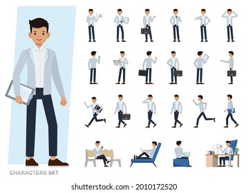 Set of Asian businessman character vector design. Presentation in various action with emotions, running, standing and walking. People working in office planning, thinking and economic analysis.