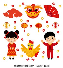 Set of asian characters and objects for Chinese New Year. Traditional symbols - lantern, fan, dragon, rooster and money.