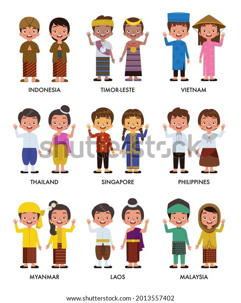 Set Asian Children Illustration Wearing Traditional Stock Vector ...