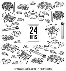 Set with Asian and Chinese cuisine icons Vector hand drawn elements