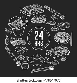 Set with Asian and Chinese cuisine icons Vector hand drawn elements