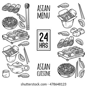 Set with Asian and Chinese cuisine icons Vector hand drawn elements