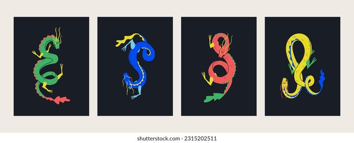 Set of Asian and Chinese mythological characters - dragons. Multicolored decorative illustrations on a black background.