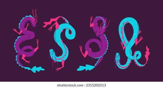 Set of Asian and Chinese mythological characters - dragons. Multicolored decorative illustrations on a black background.