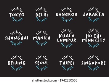 Set of asian cities design template icon titles. Vector illustration.