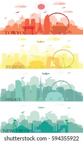 Set of asian city skyline silhouettes: Tokyo, New Delhi, Beijing and Seoul. Flat style vector illustration.