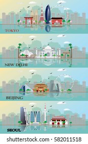 Set of asian city skylines: Tokyo, New Delhi, Beijing and Seoul. Flat style vector illustration.