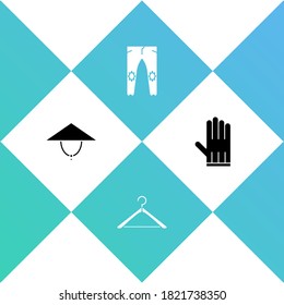 Set Asian conical hat, Hanger wardrobe, Pants and Leather glove icon. Vector.