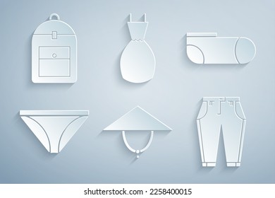 Set Asian conical hat, Sport socks, Men underpants, Pants, Woman dress and Backpack icon. Vector