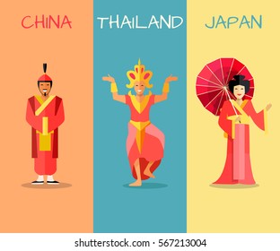 Set of asian countries banners with people in national costumes. Vertical concepts with Thailand dancer, chinese man in hanfi and geisha with paper umbrella from Japan. Oriental cultures attractions 