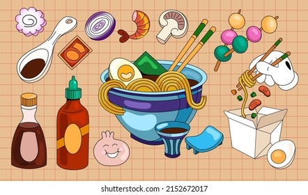 Set of Asian cuisine in cartoon style 90 noodles shrimp mushrooms on many utensils. On a dark background with a pattern. can be used to decorate menu stickers, banners for websites.