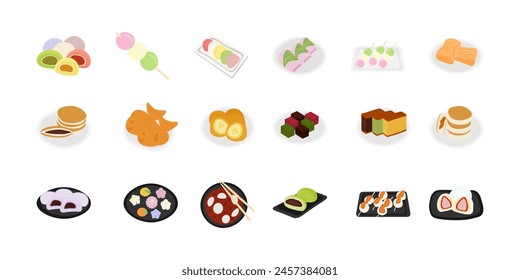 Conjunto de postres de cocina asiática aislado sobre fondo blanco. Ilustración vectorial en estilo plano