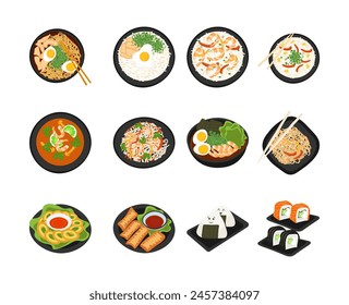 Set of Asian cuisine dishes isolated on white background. Vector illustration in flat style