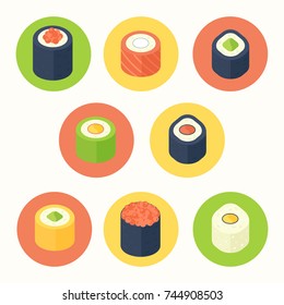 Set of asian cuisine sushi rolls over white. Vector illustration
