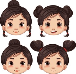 Set Of Asian Cute Girl Faces Illustration