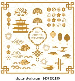 Set of Asian decoration elements for the Chinese banner template. A large set of Chinese characters cloud, Chinese frame, wave, knot, sakura flowers, temple. flat vector illustration on the background