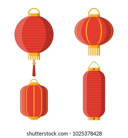Set of asian decorative hanging lanterns isolated on white background. Traditional lighting equipment made of paper. Lantern for temples, gardens & other places. Flat design vector illustration
