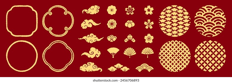 Set of asian design element assets. Chinese hand drawn frame, cloud, flowers and ornaments. Vector isolated illustration.
