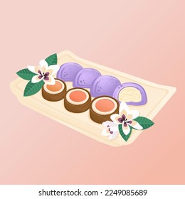 Set of Asian dessert. Chinese rice cookies and Japanese Mochi with sakura blossoms. Vector flat drawn illustration for restaurant dishes, menu, poster, flyer, banner, delivery, cooking concept