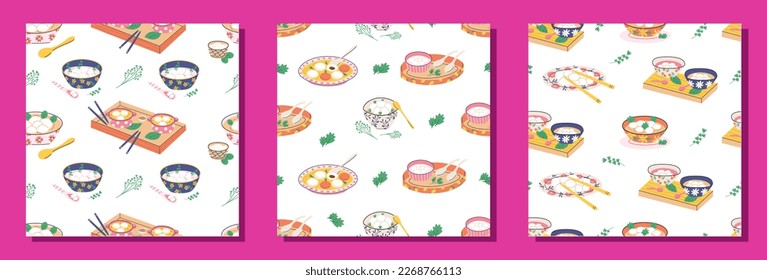 Set of Asian desserts with glutinous rice balls seamless patterns in flat detailed style. Vector asian food dessert background illustration