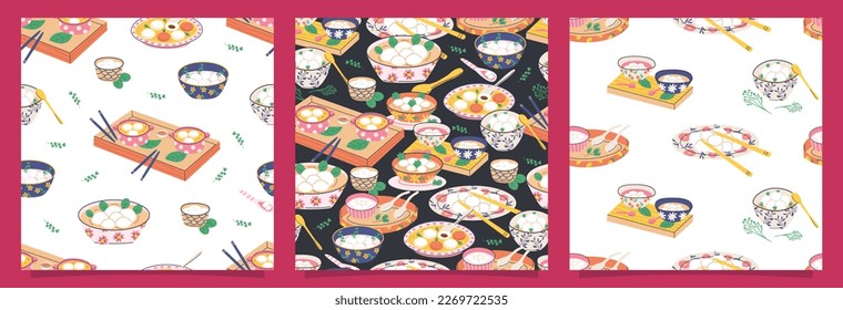 Set of Asian desserts with glutinous rice balls seamless patterns in flat detailed style. Vector asian food dessert background illustration