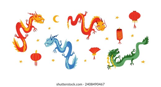 Set of asian dragons, lanterns, moon and stars. Chinese lunar new year. Vector flat illustration of fantasies dragons