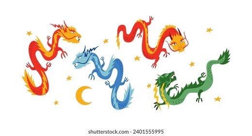 Set of asian dragons, moon and stars. Chinese lunar new year. Vector flat illustration of fantasies dragons