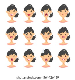 Set of asian emoji character. Cartoon style emotion icons. Isolated girl avatars with different facial expressions. Flat illustration women's emotional faces. Hand drawn vector drawing emoticon
