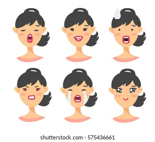 Set of asian emoji character. Cartoon style emotion icons. Isolated girl avatars with different facial expressions. Flat illustration women's emotional faces. Hand drawn vector drawing emoticon