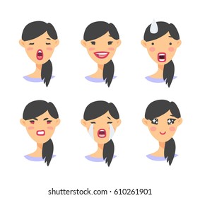 Set of asian emoji character. Cartoon style emotion icons. Isolated girl avatars with different facial expressions. Flat illustration women's emotional faces. Hand drawn vector drawing emoticon
