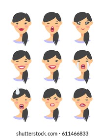 Set of asian emoji character. Cartoon style emotion icons. Isolated girl avatars with different facial expressions. Flat illustration women's emotional faces. Hand drawn vector drawing emoticon