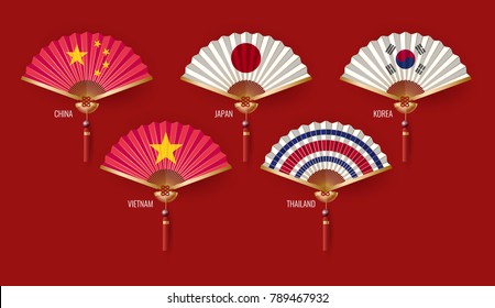 Set of asian fan on red background. vector illustration