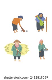 Set of Asian farmer and his work activity in field flat cartoon style, vector illustration. People plowing farmland with sickle and carrying agricultural harvest plants. 