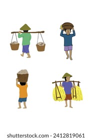 Set of Asian farmer and his work activity in field flat cartoon style, vector illustration. People plowing farmland with sickle and carrying agricultural harvest plants. 