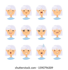 Set of asian female emotional characters. Cartoon style people emoticon icons. Holiday elderly  guys avatars. Flat illustration women faces. Hand drawn vector drawing emoji portraits