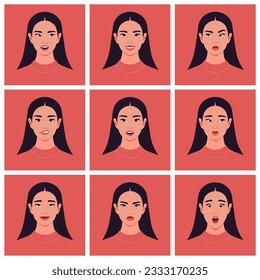 Un conjunto de caras femeninas asiáticas. Diversas emociones y sentimientos. Colecciones de retratos. Ilustración plana del vector