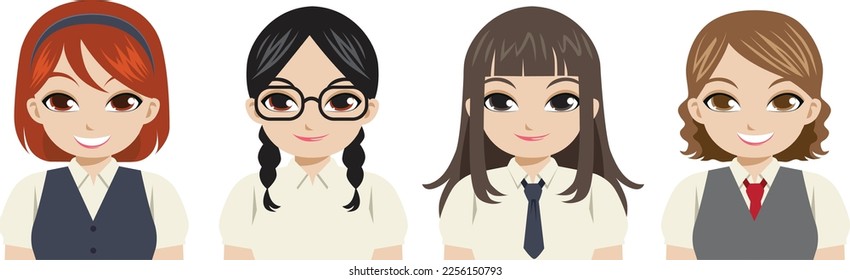 Set of asian female student teenager avatars. Bundle of smiling faces of girls with different hairstyles and uniform. Colorful flat vector illustration. isolated on white background