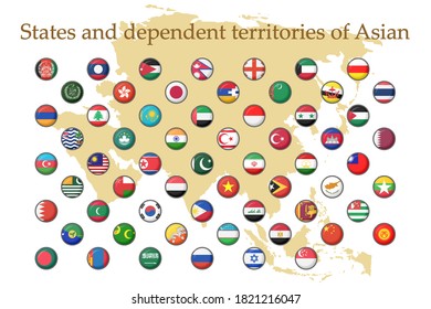 A set of Asian flag icons on a white background. Vector image of flags of States and dependent territories of Asia. You can use it to create a website, print brochures, booklets, and flyers.