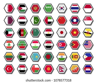 Set asian flags hexagon badges