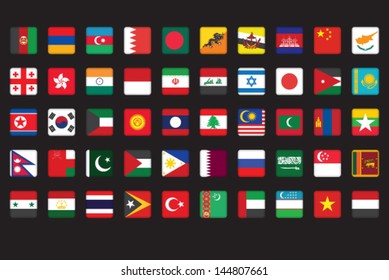 set of Asian flags icons over black