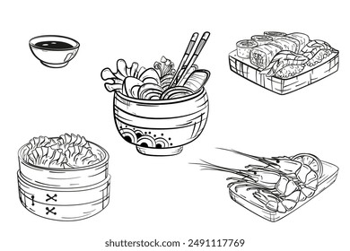 Set of Asian food. Bowl of noodles, dumplings, sushi and shrimps. hand drawn food illustration.